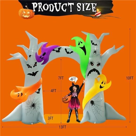 14FT Length X 10FT Tall Halloween Inflatable Tree Arch with 4 Colorful Ghosts, - Picture 2 of 7